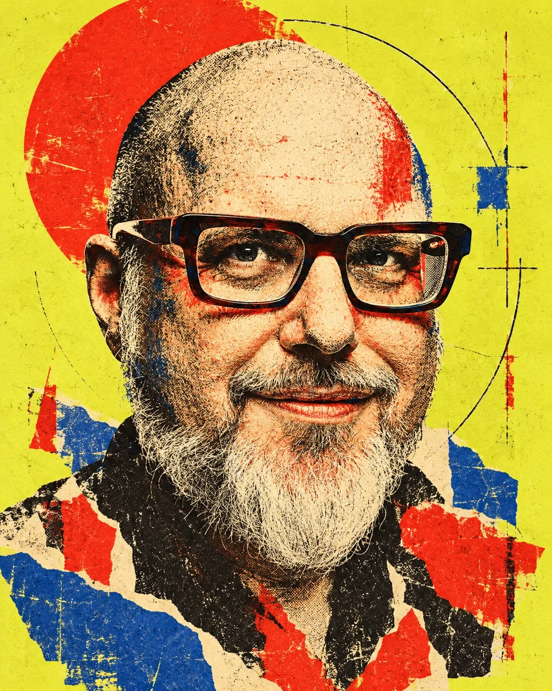 Künstlerisch abstrahiertes Siebdruckporträt von Sascha Schulz in Gelb, Rot, Blau und Schwarz. Sascha Schulz, künstlerisch als kontrastreiche Siebdruckcollage in Gelb, Rot und Blau interpretiert.